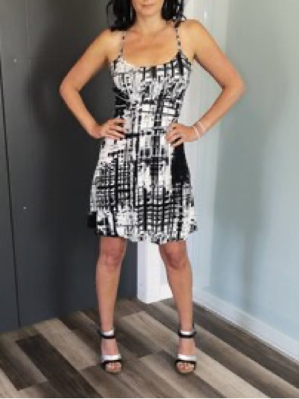 New York & Company Black and White Patterned Mini Dress